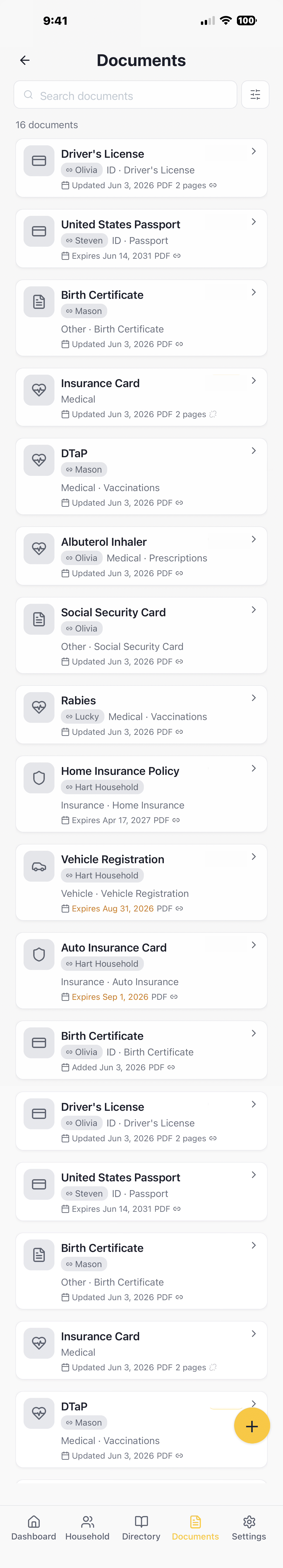 LifeVault documents — searchable library with categories and expiration tracking