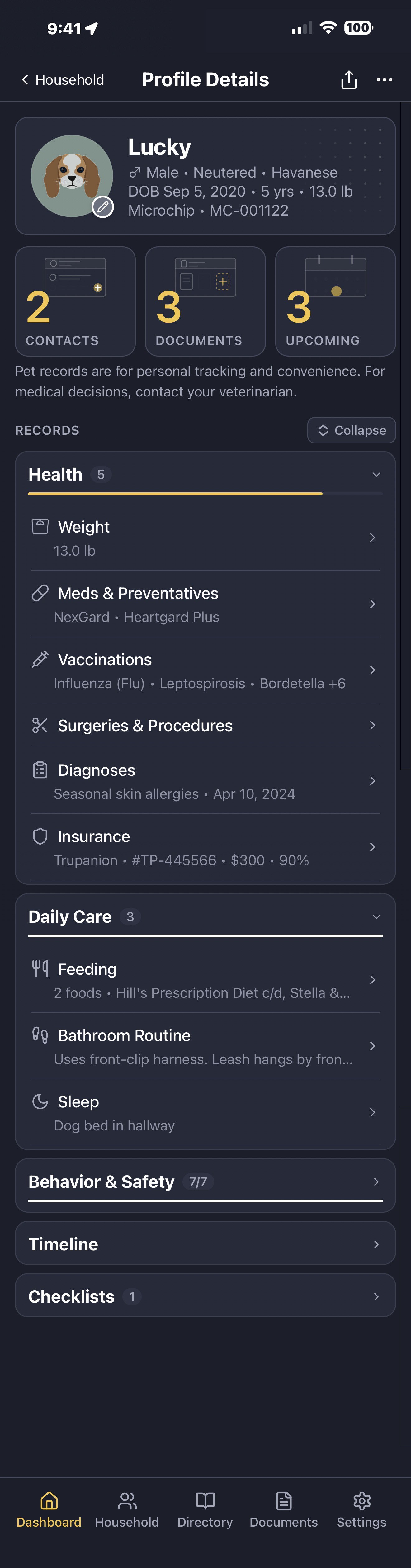 LifeVault pet profile in dark mode